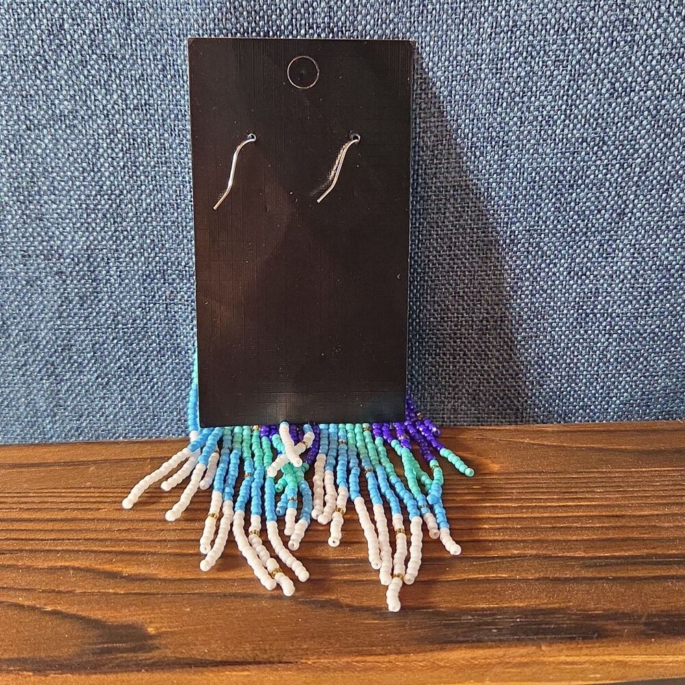 Boho Celestial Moon Seed Bead Fringe Dangle Earrings - Picture 13 of 16